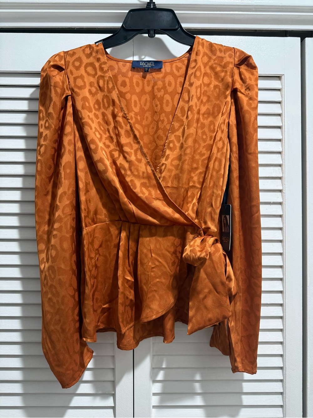 RACHEL Rachel Roy Rust Orange Satin Leopard-Print Wrap Blouse
